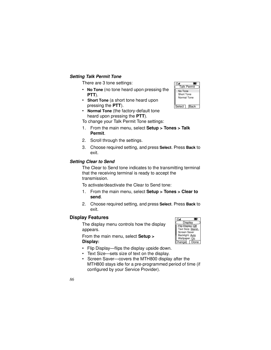 Motorola MTH800 manual Display Features, Setting Talk Permit Tone, Setting Clear to Send 