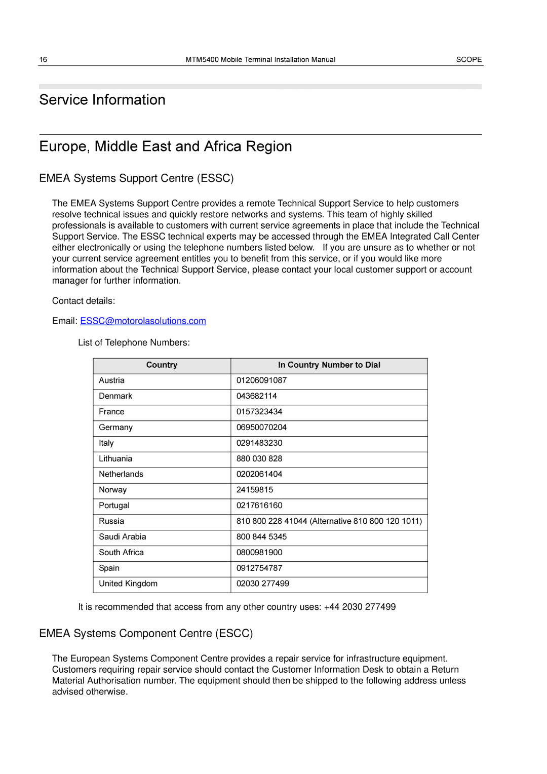 Motorola MTM5400 Service Information Europe, Middle East and Africa Region, Emea Systems Support Centre Essc 