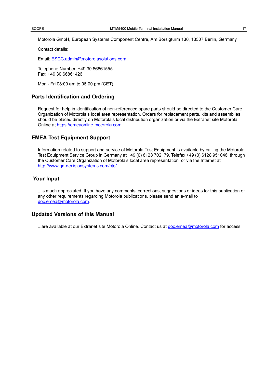 Motorola MTM5400 installation manual Parts Identification and Ordering, Emea Test Equipment Support Your Input 