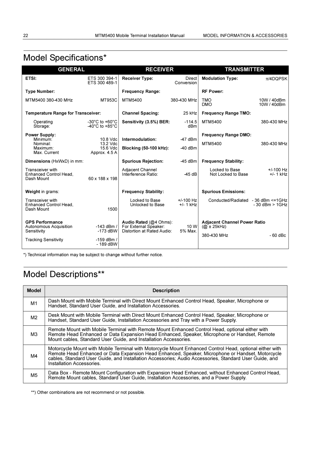 Motorola MTM5400 installation manual Model Specifications, Model Descriptions 