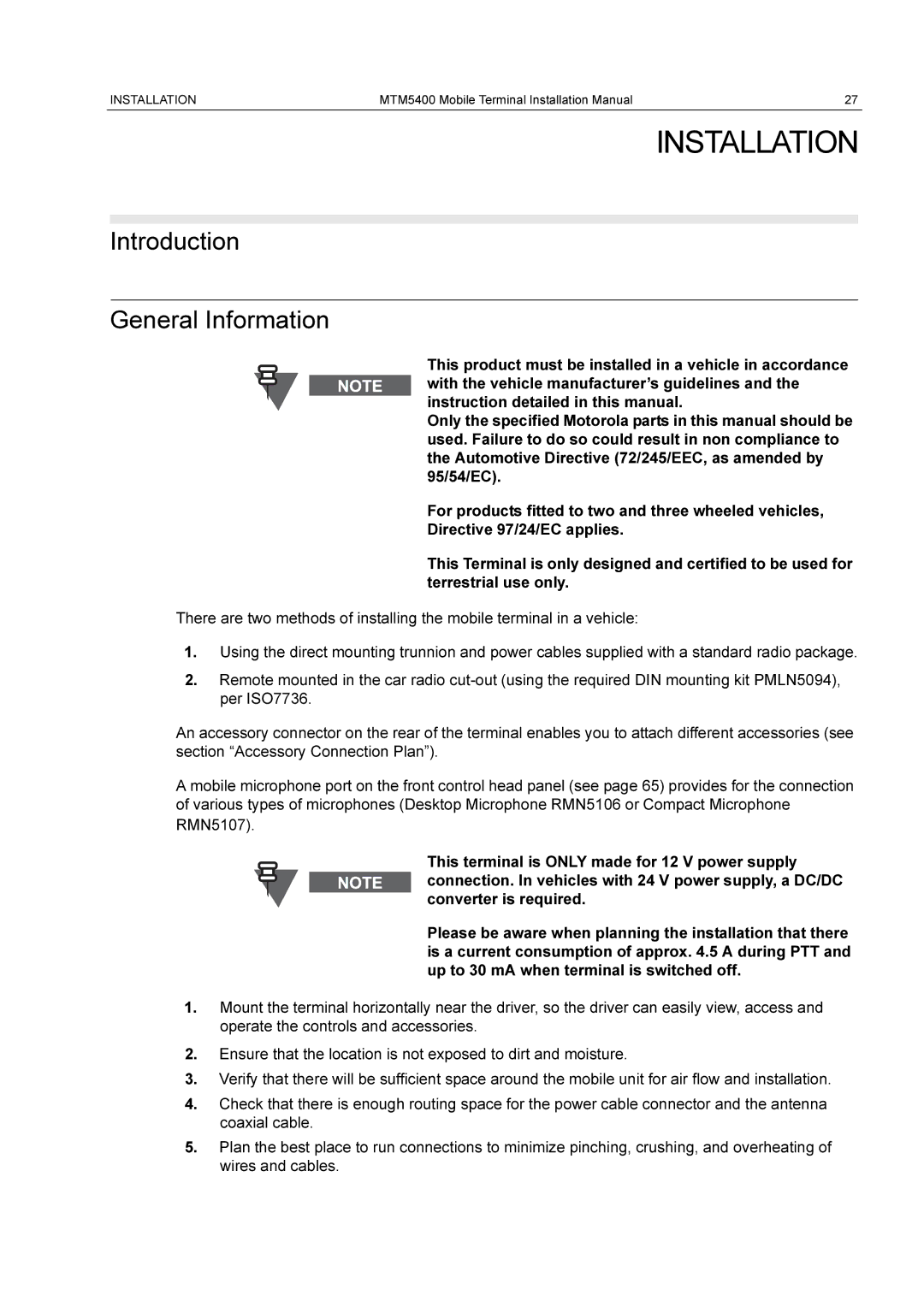 Motorola MTM5400 installation manual Installation, Introduction General Information 