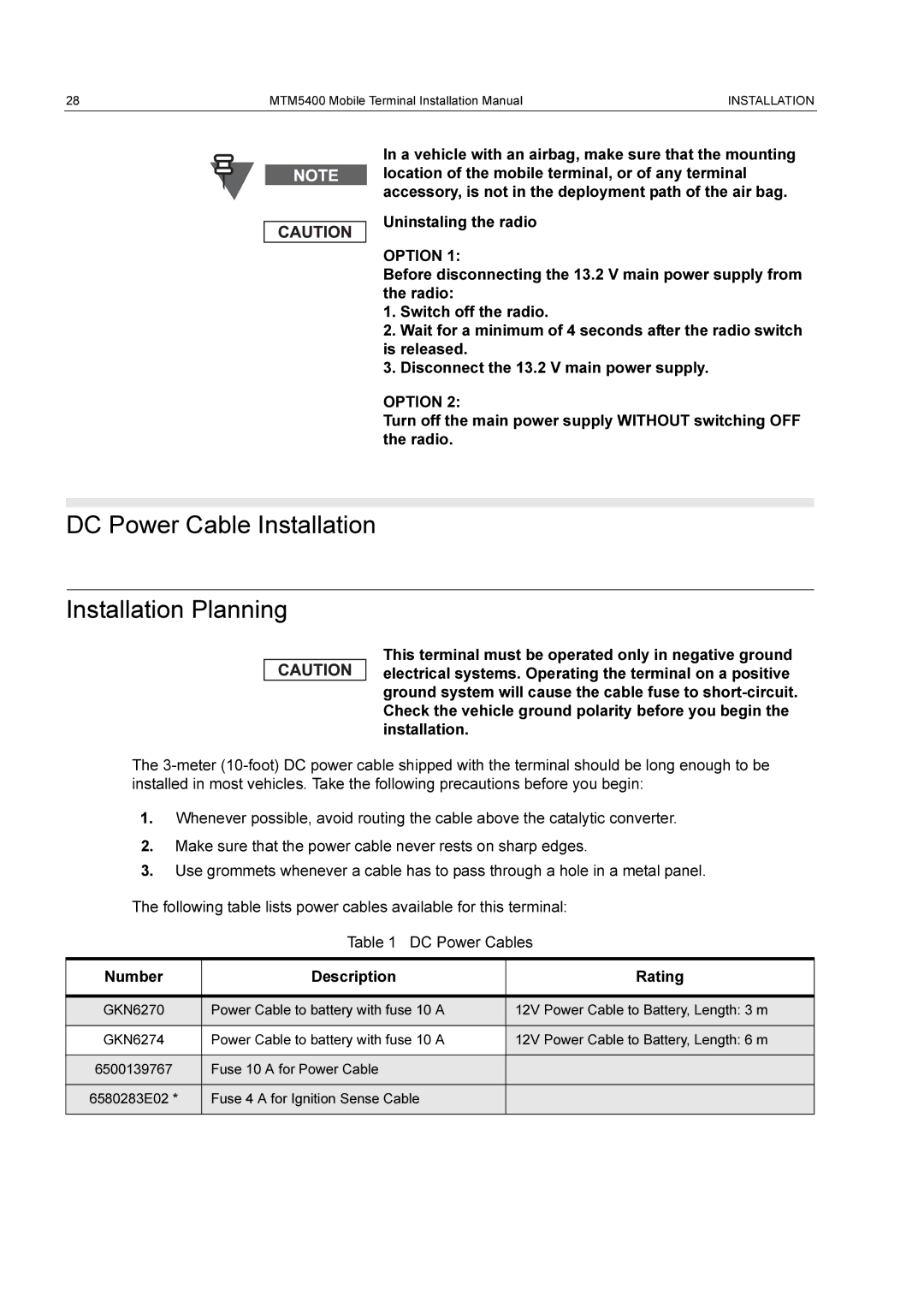 Motorola MTM5400 installation manual DC Power Cable Installation Installation Planning, Option 