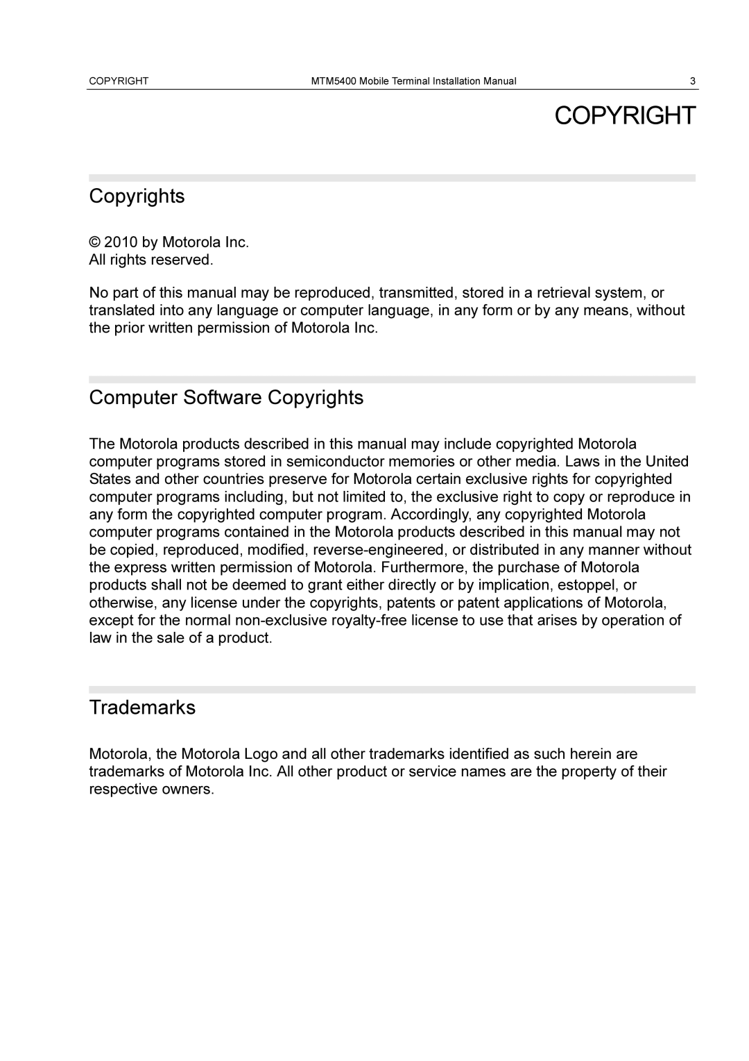 Motorola MTM5400 installation manual Computer Software Copyrights, Trademarks 