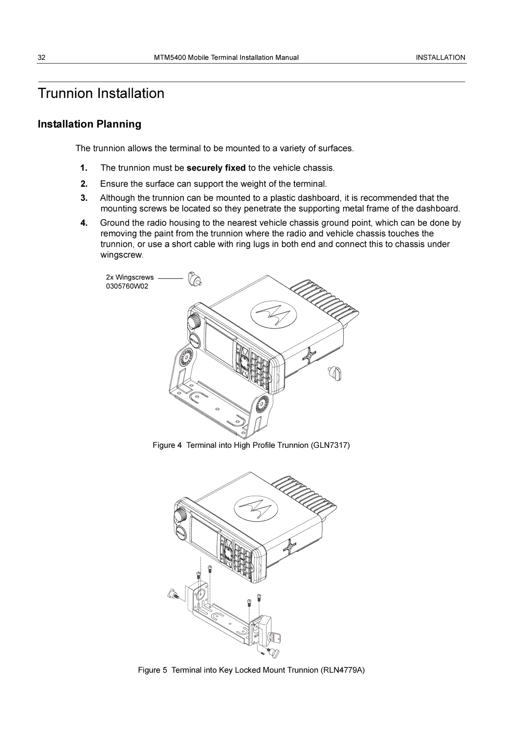 Motorola MTM5400 installation manual Trunnion Installation, Installation Planning 