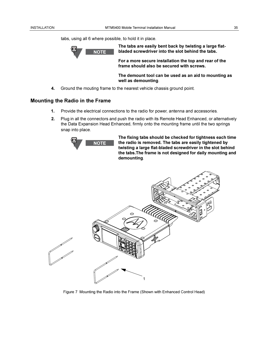 Motorola MTM5400 installation manual Mounting the Radio in the Frame 