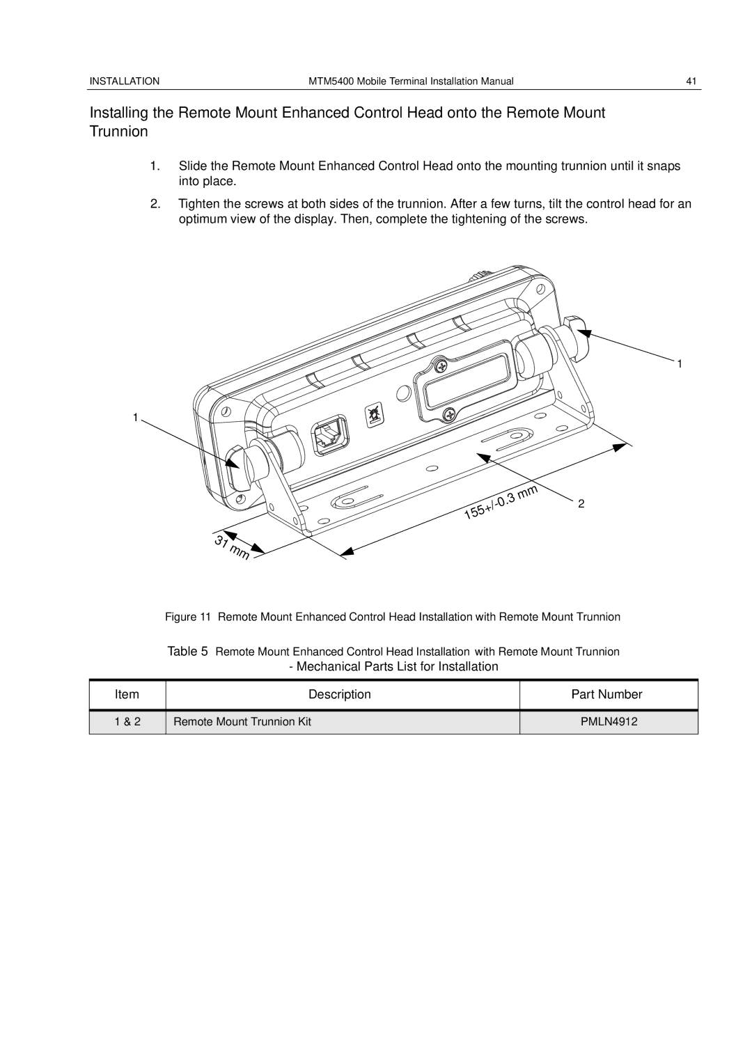 Motorola MTM5400 installation manual Remote Mount Trunnion Kit PMLN4912 