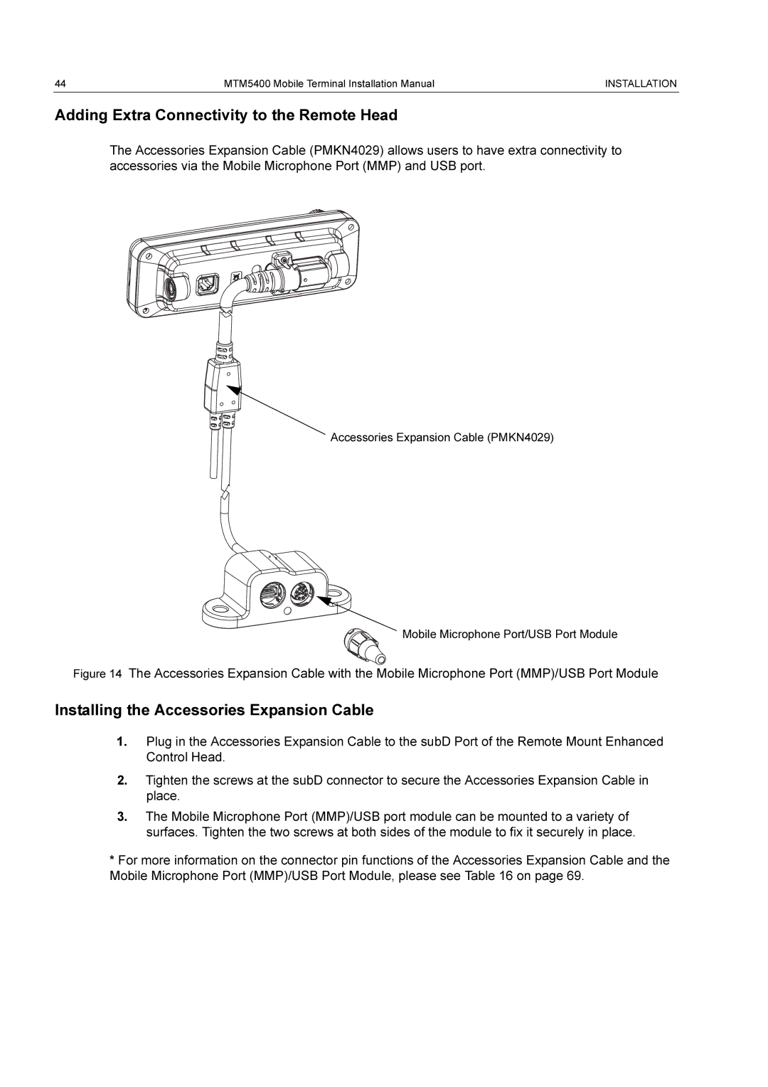 Motorola MTM5400 Adding Extra Connectivity to the Remote Head, Installing the Accessories Expansion Cable 