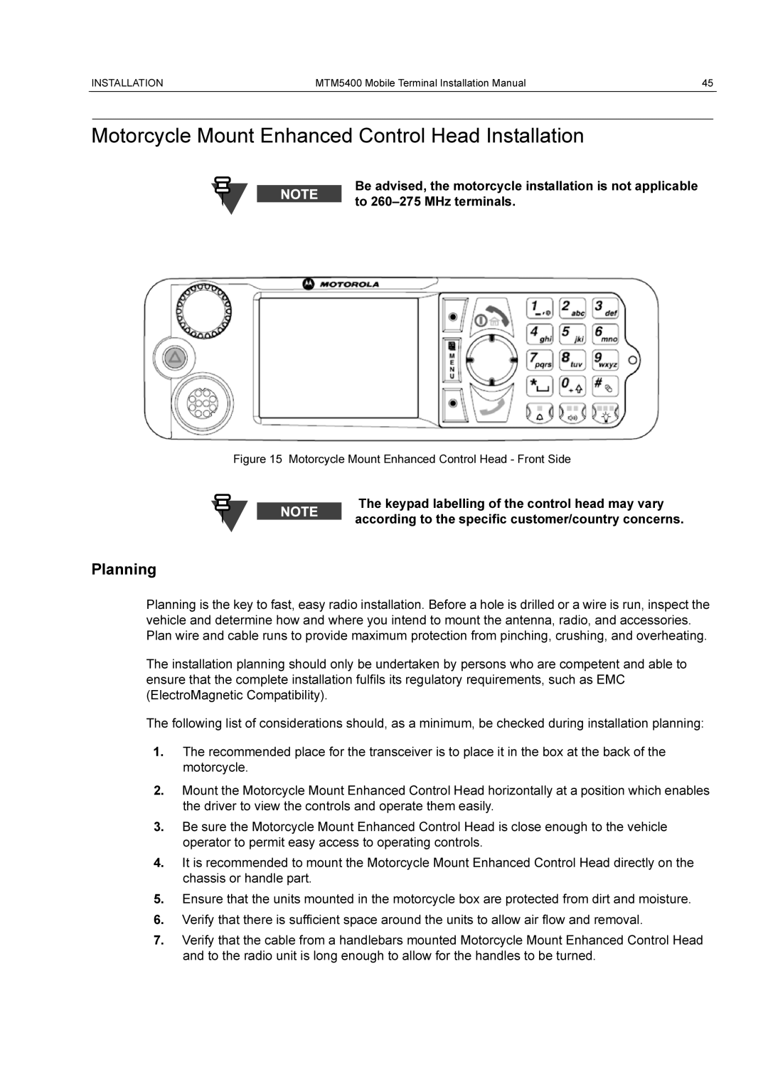 Motorola MTM5400 Motorcycle Mount Enhanced Control Head Installation, Motorcycle Mount Enhanced Control Head Front Side 