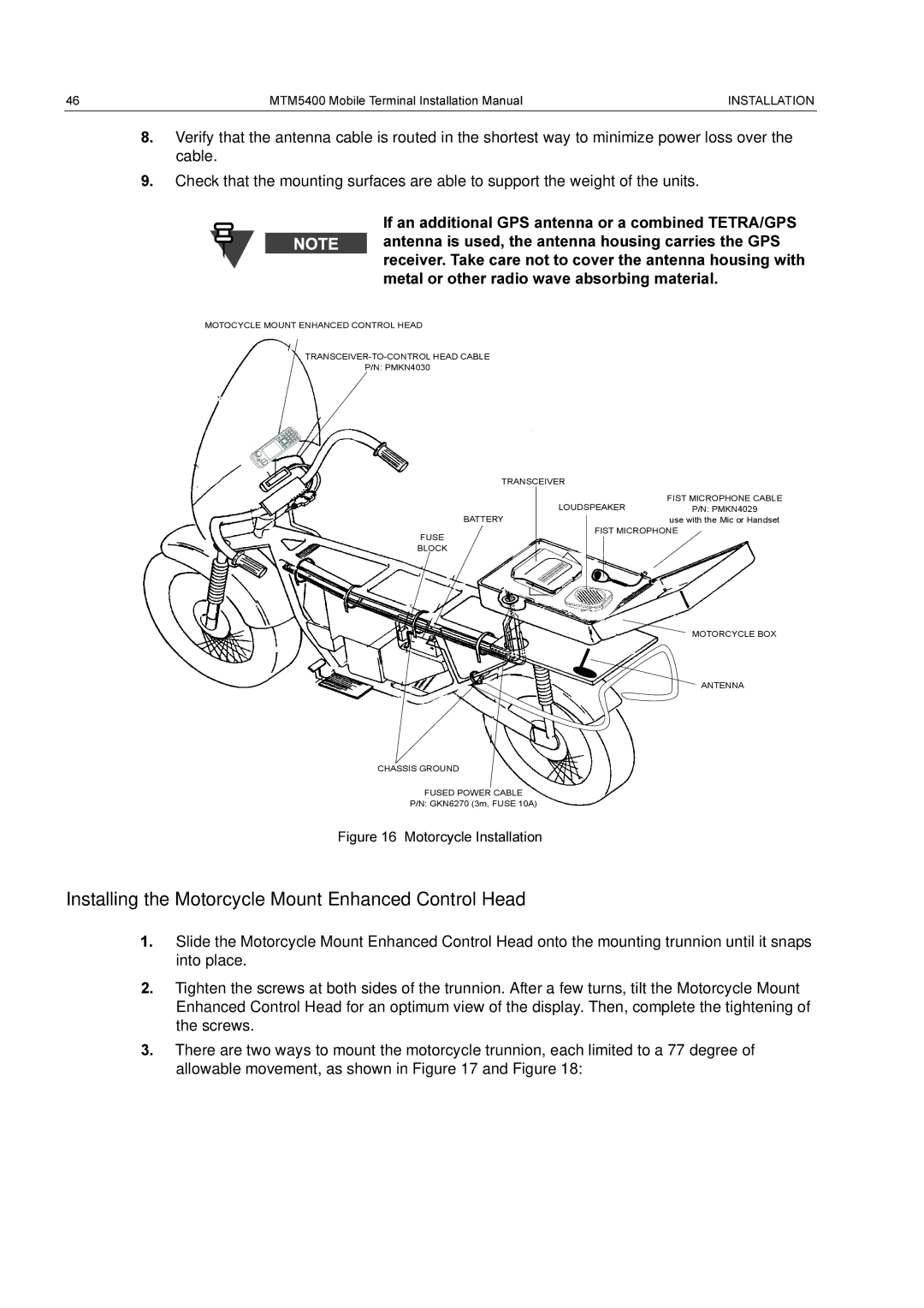 Motorola MTM5400 installation manual Installing the Motorcycle Mount Enhanced Control Head, Motorcycle Installation 