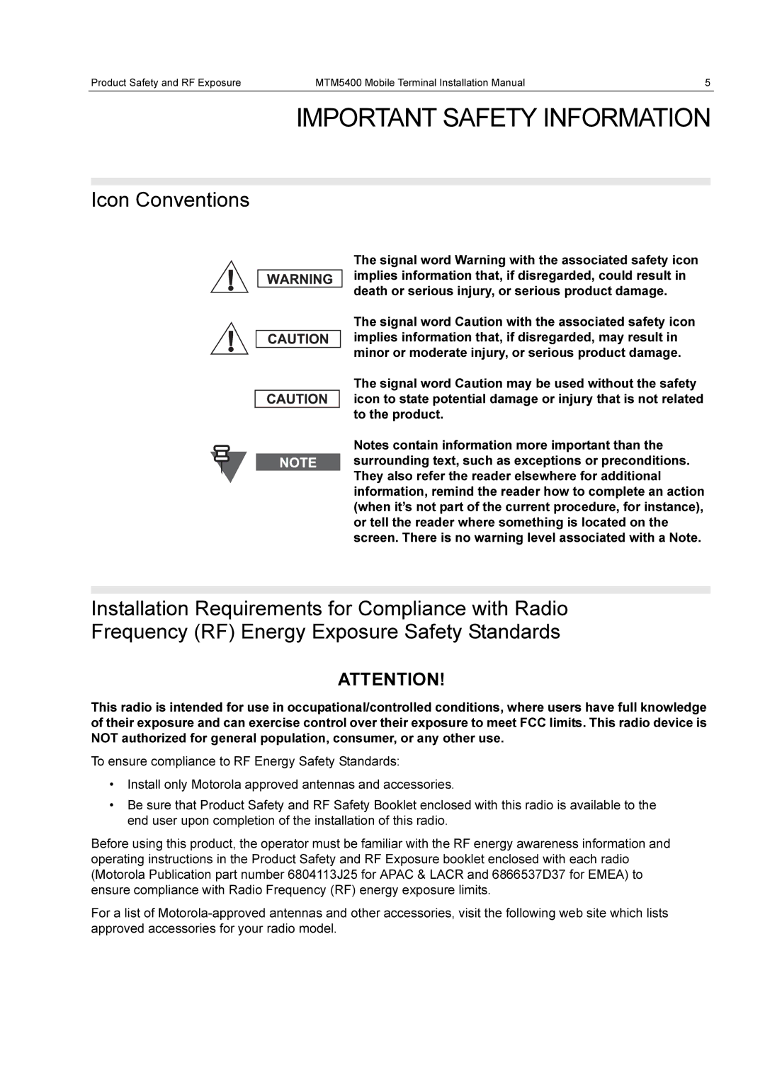 Motorola MTM5400 installation manual Important Safety Information, Icon Conventions 