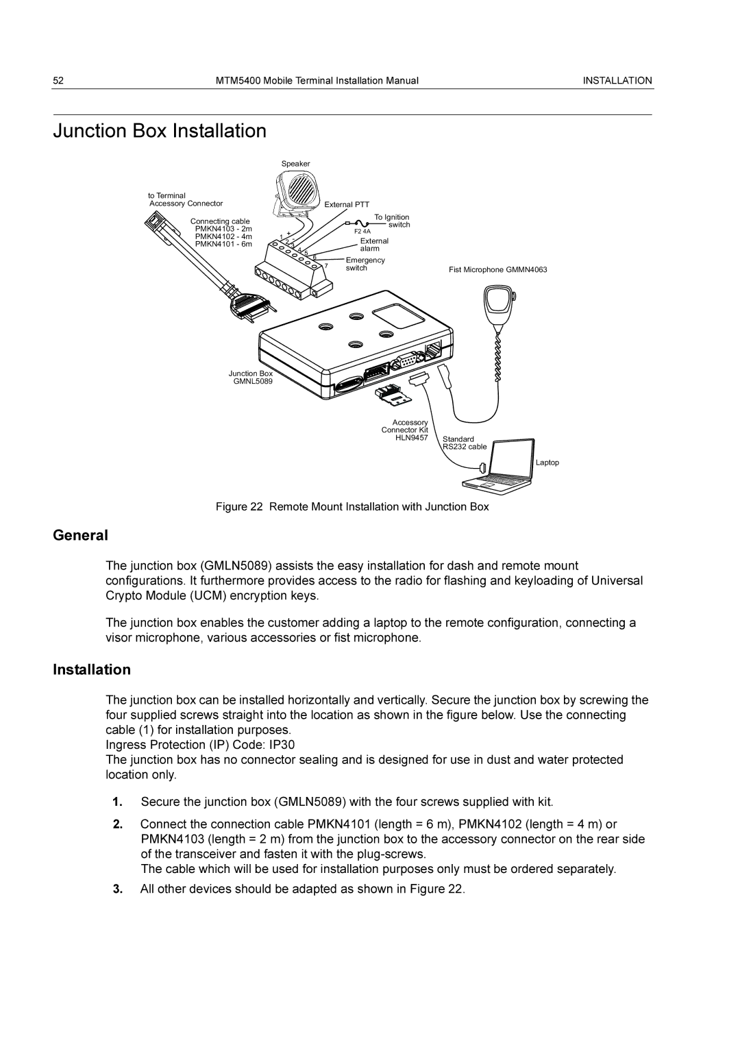 Motorola MTM5400 installation manual Junction Box Installation, General 