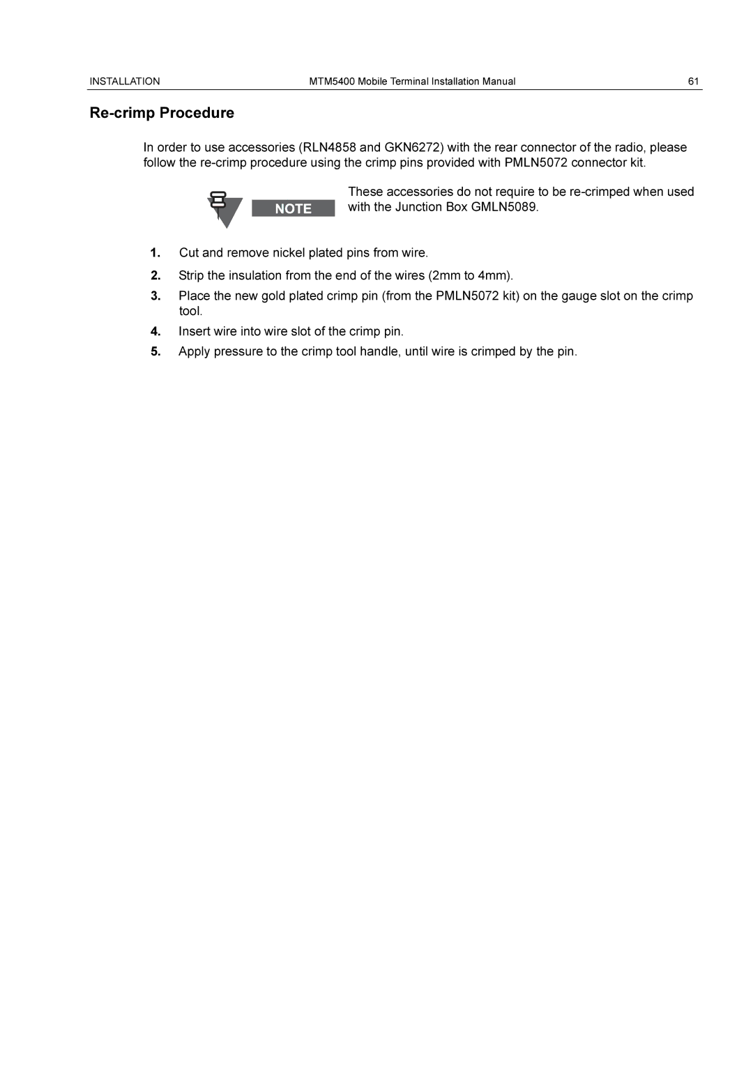 Motorola MTM5400 installation manual Re-crimp Procedure 