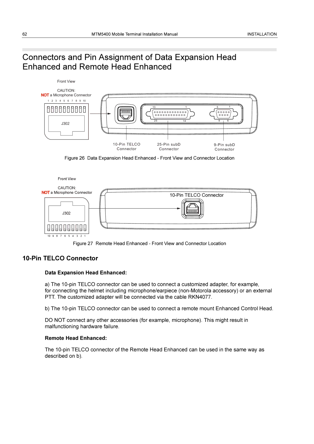 Motorola MTM5400 installation manual Pin Telco Connector, Remote Head Enhanced Front View and Connector Location 