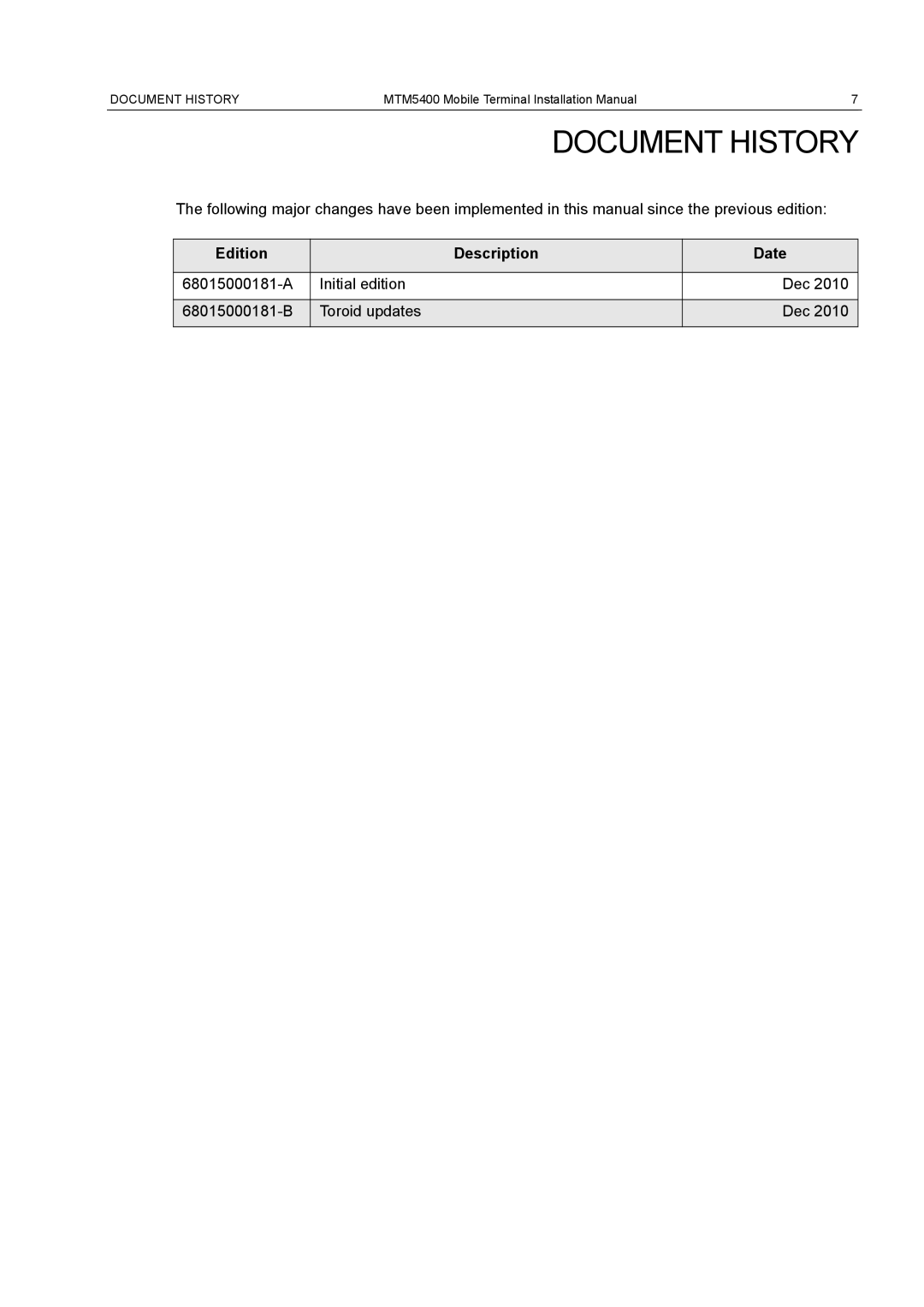 Motorola MTM5400 installation manual Document History, Edition Description Date 