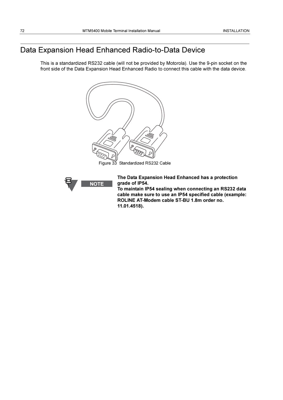 Motorola MTM5400 installation manual Data Expansion Head Enhanced Radio-to-Data Device, Standardized RS232 Cable 