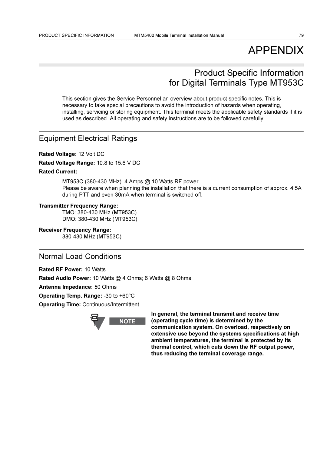 Motorola MTM5400 installation manual Appendix, Equipment Electrical Ratings 