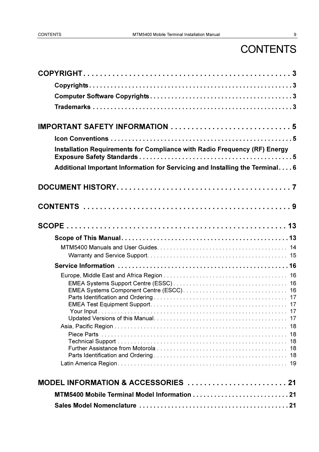 Motorola MTM5400 installation manual Contents 