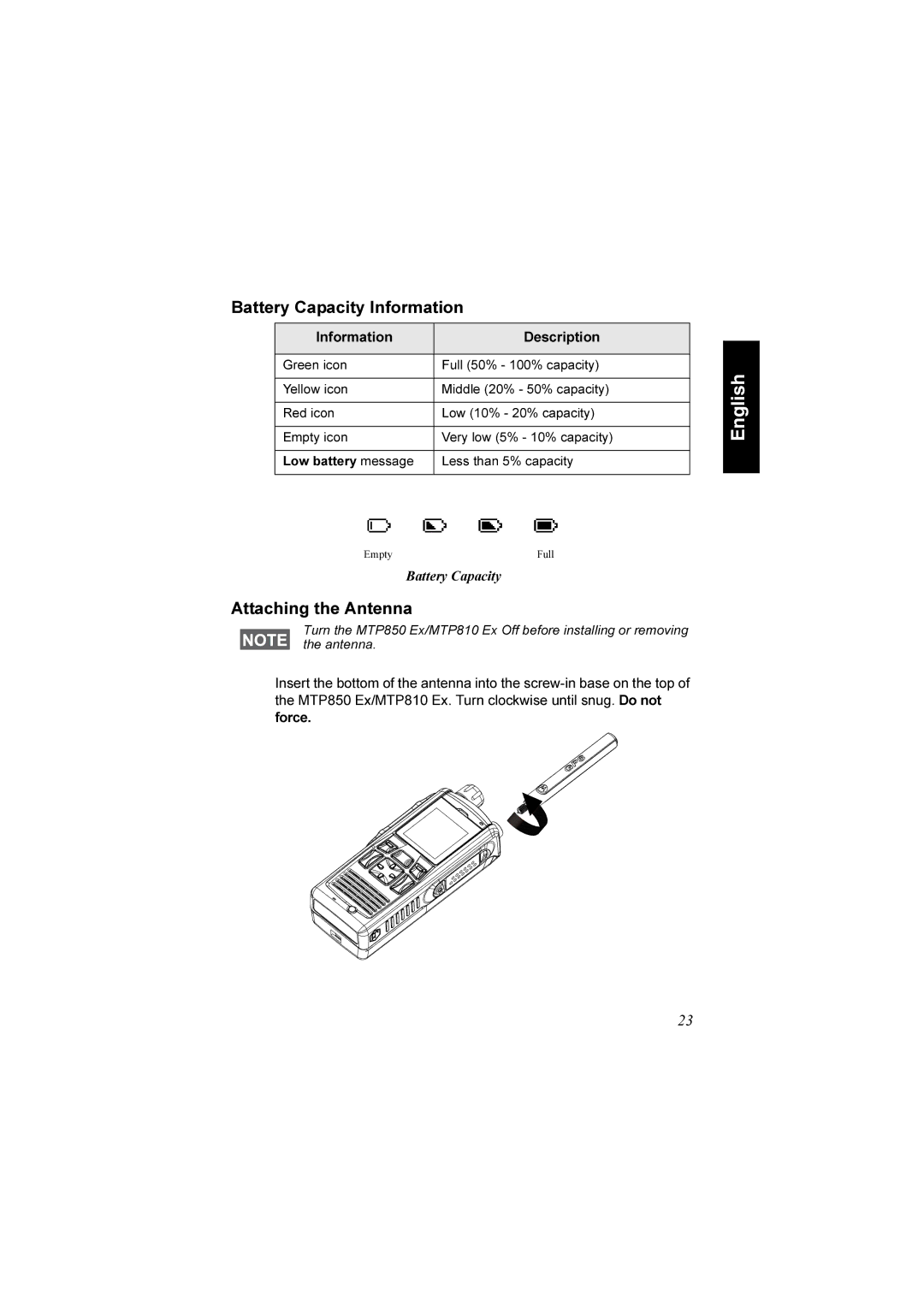 Motorola MTP850 EX, MTP810 EX manual Battery Capacity Information, Attaching the Antenna, Information Description 