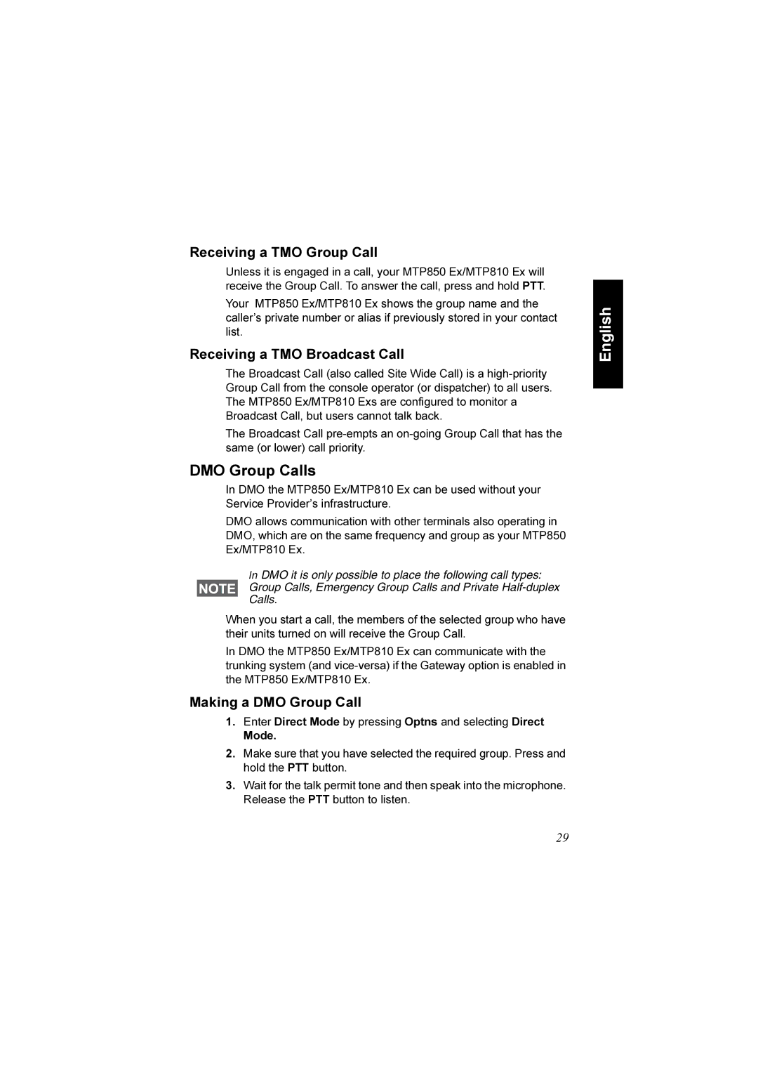 Motorola MTP850 EX DMO Group Calls, Receiving a TMO Group Call, Receiving a TMO Broadcast Call, Making a DMO Group Call 