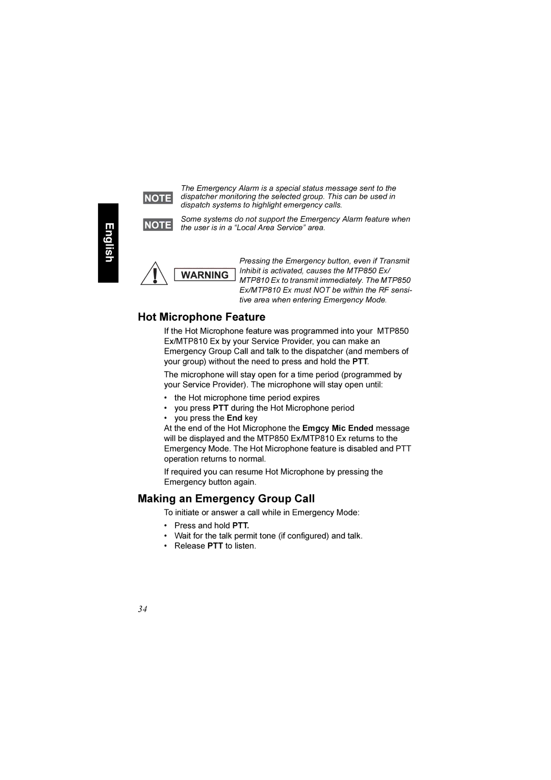 Motorola MTP810 EX, MTP850 EX manual Hot Microphone Feature, Making an Emergency Group Call 