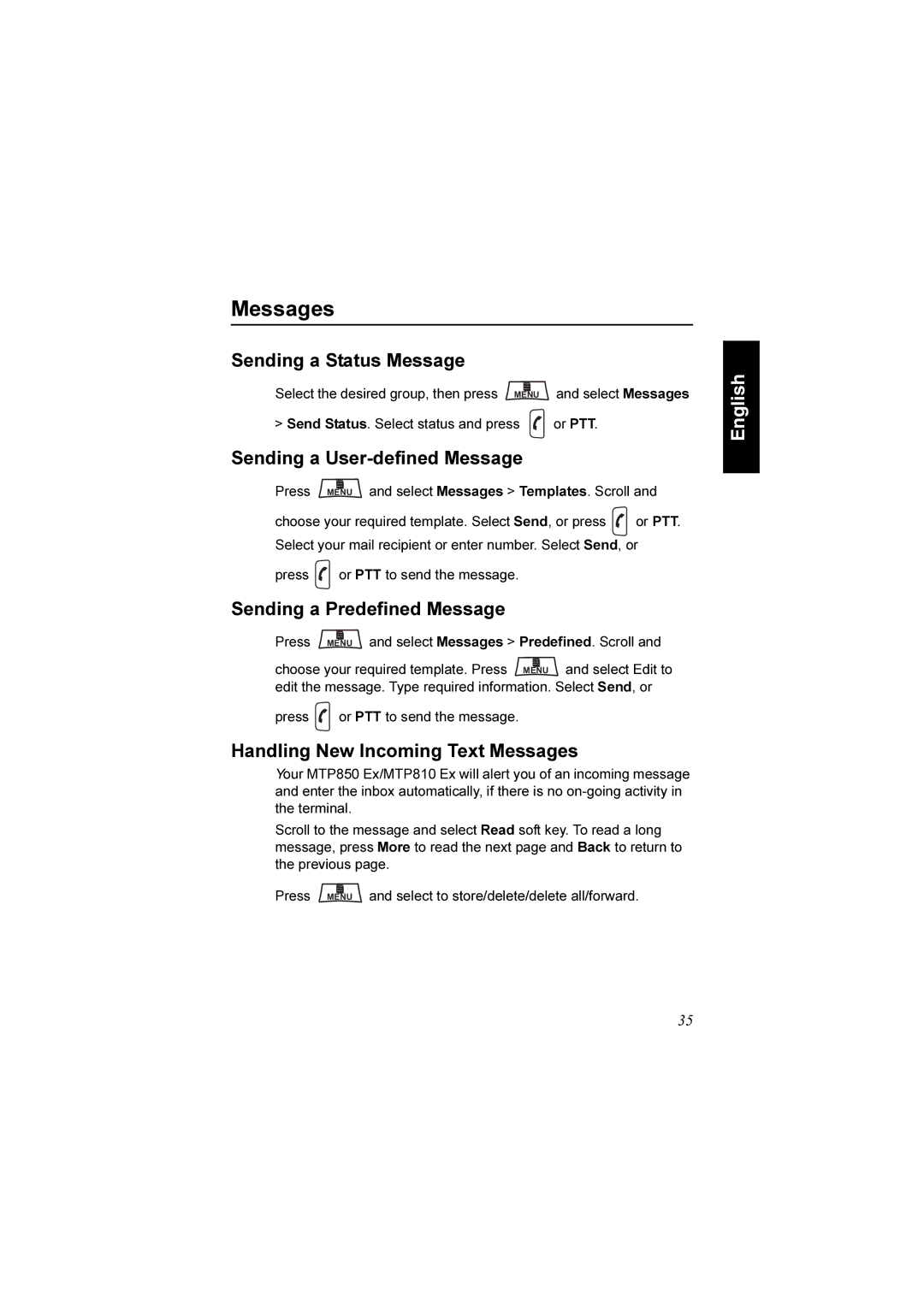 Motorola MTP850 EX manual Messages, Sending a Status Message, Sending a User-defined Message, Sending a Predefined Message 