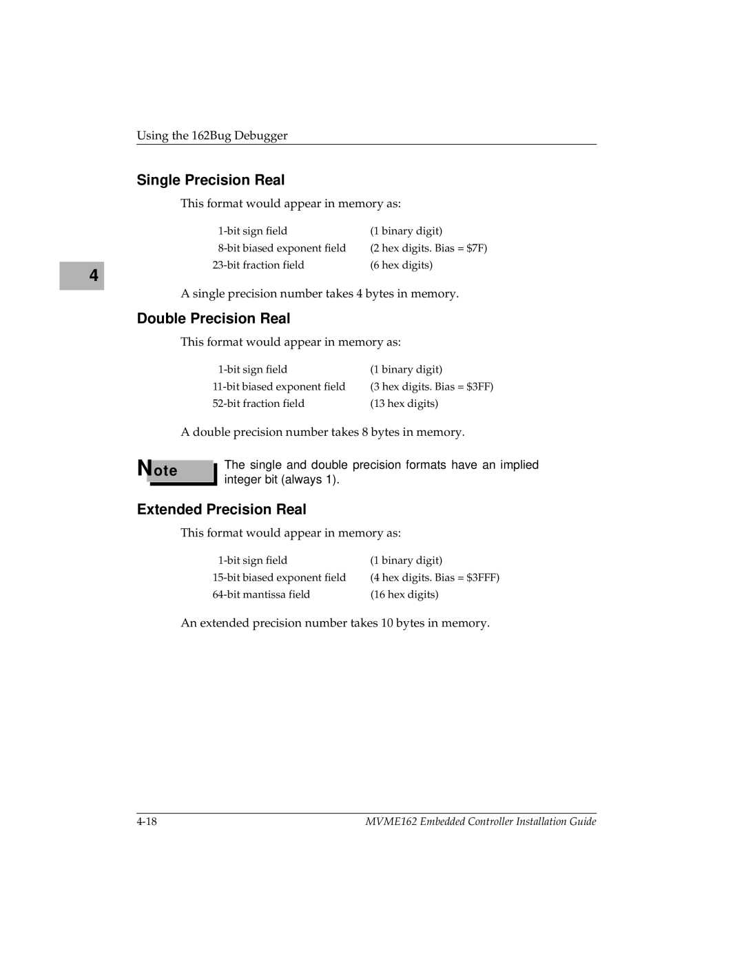 Motorola MVME162 manual Single Precision Real, Double Precision Real, Extended Precision Real 