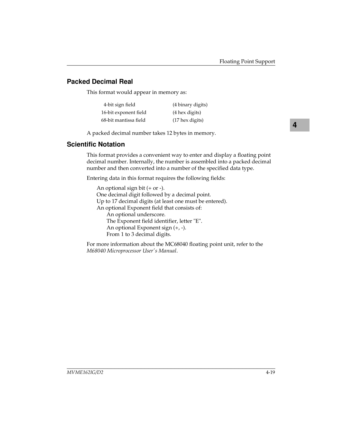 Motorola MVME162 manual Packed Decimal Real, Scientific Notation 