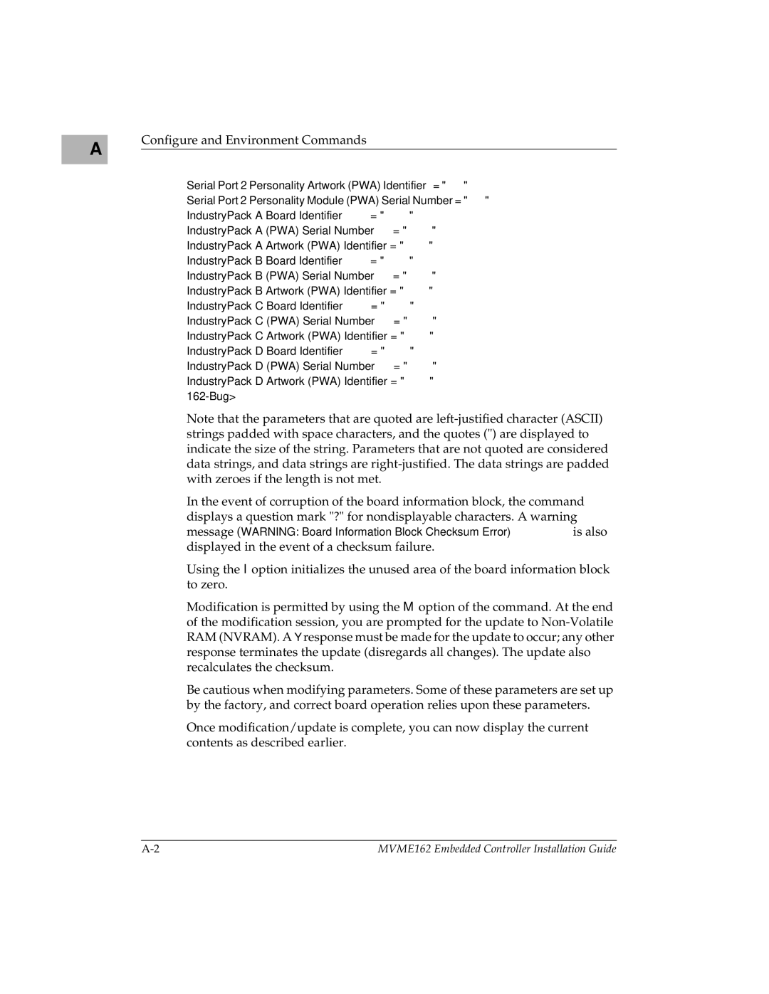 Motorola MVME162 manual Configure and Environment Commands 