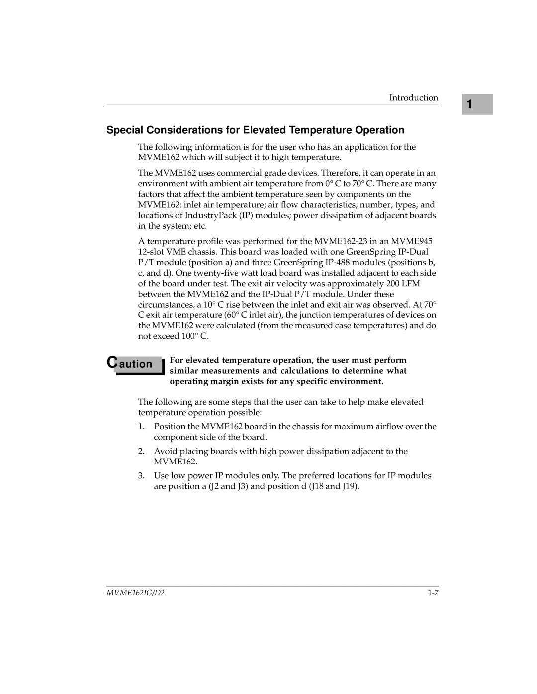 Motorola MVME162 manual Special Considerations for Elevated Temperature Operation 