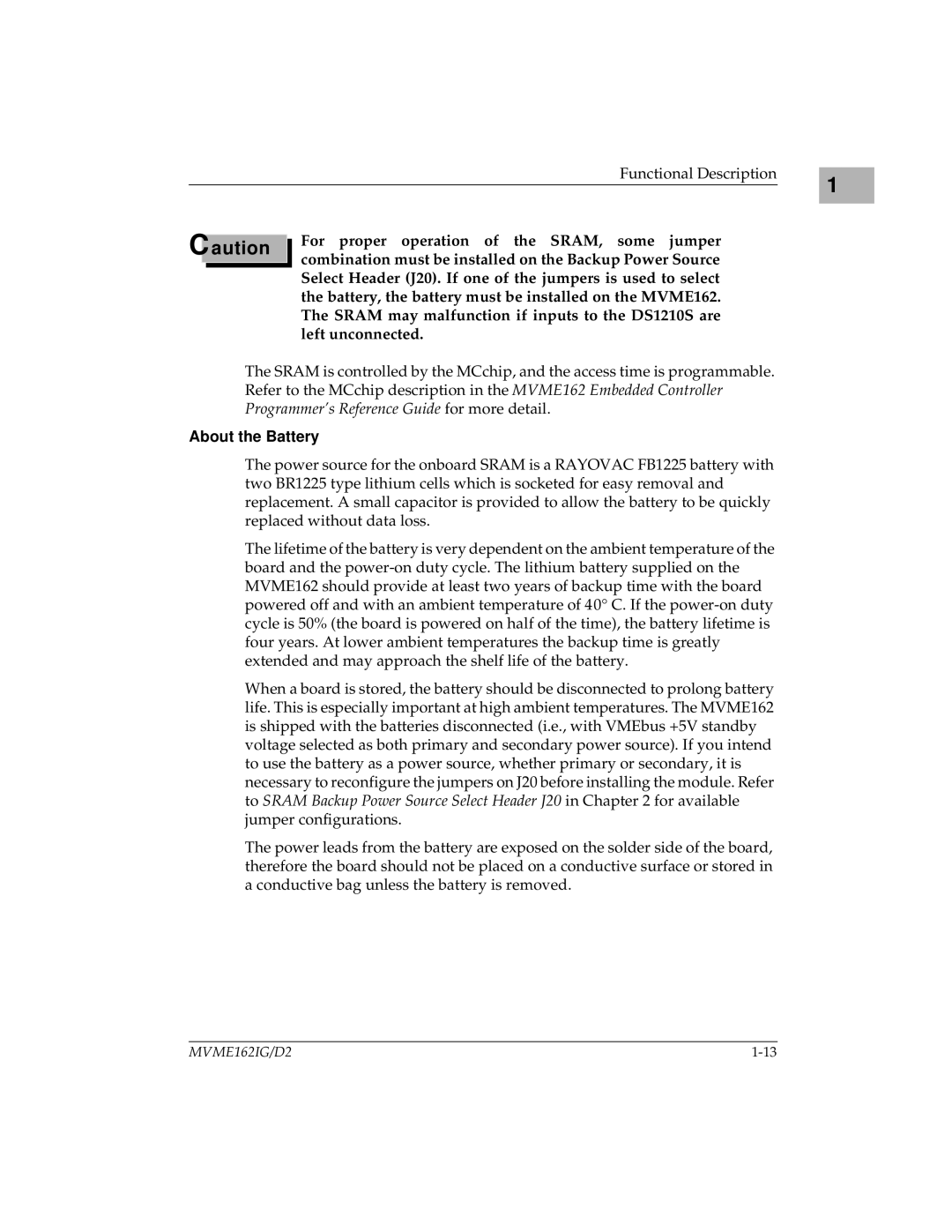 Motorola MVME162 manual About the Battery 