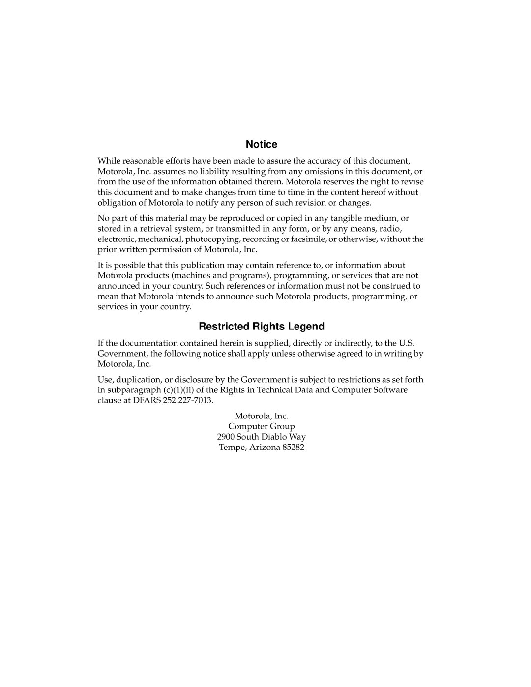 Motorola MVME162 manual Restricted Rights Legend 