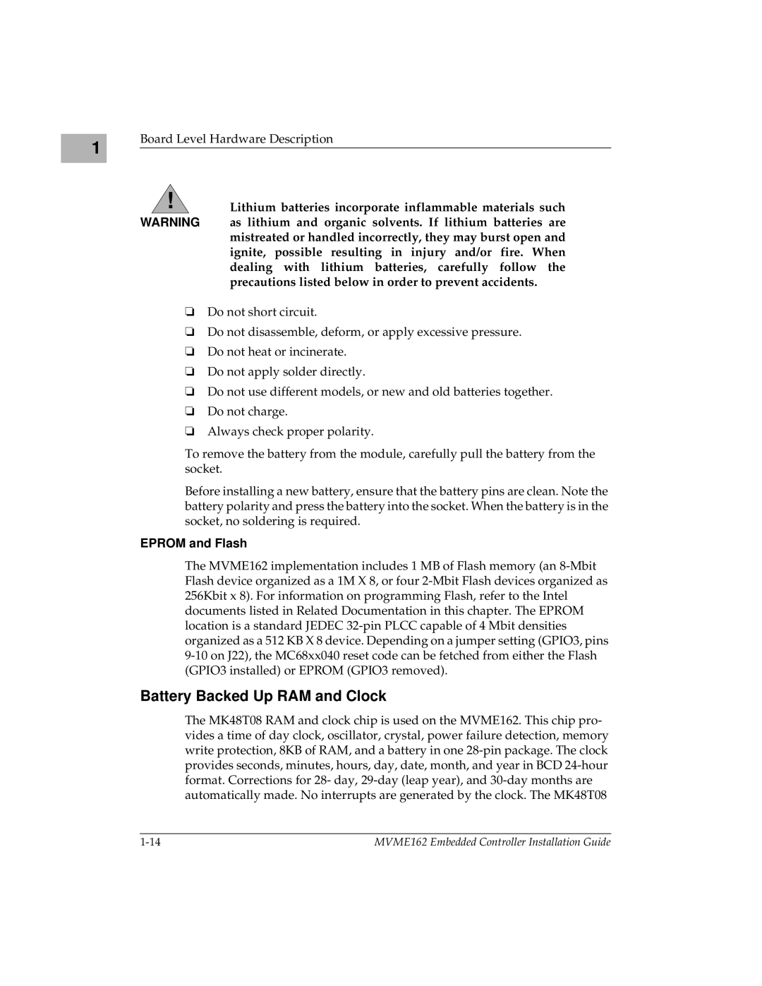 Motorola MVME162 manual Battery Backed Up RAM and Clock, Eprom and Flash 