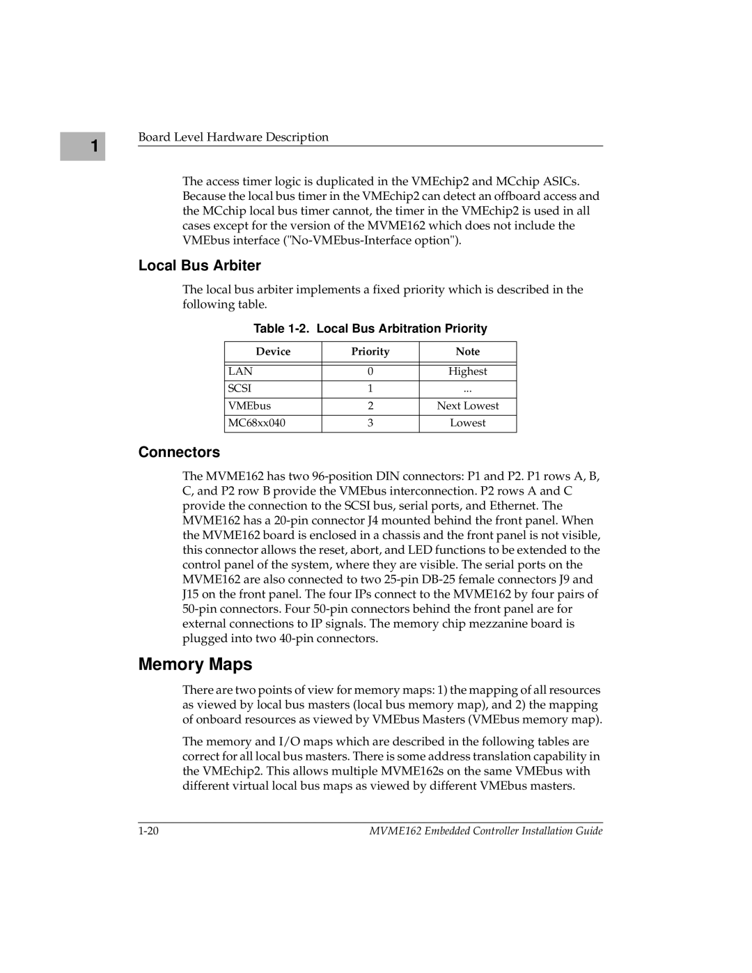 Motorola MVME162 manual Memory Maps, Local Bus Arbiter, Connectors, Local Bus Arbitration Priority, Device Priority 