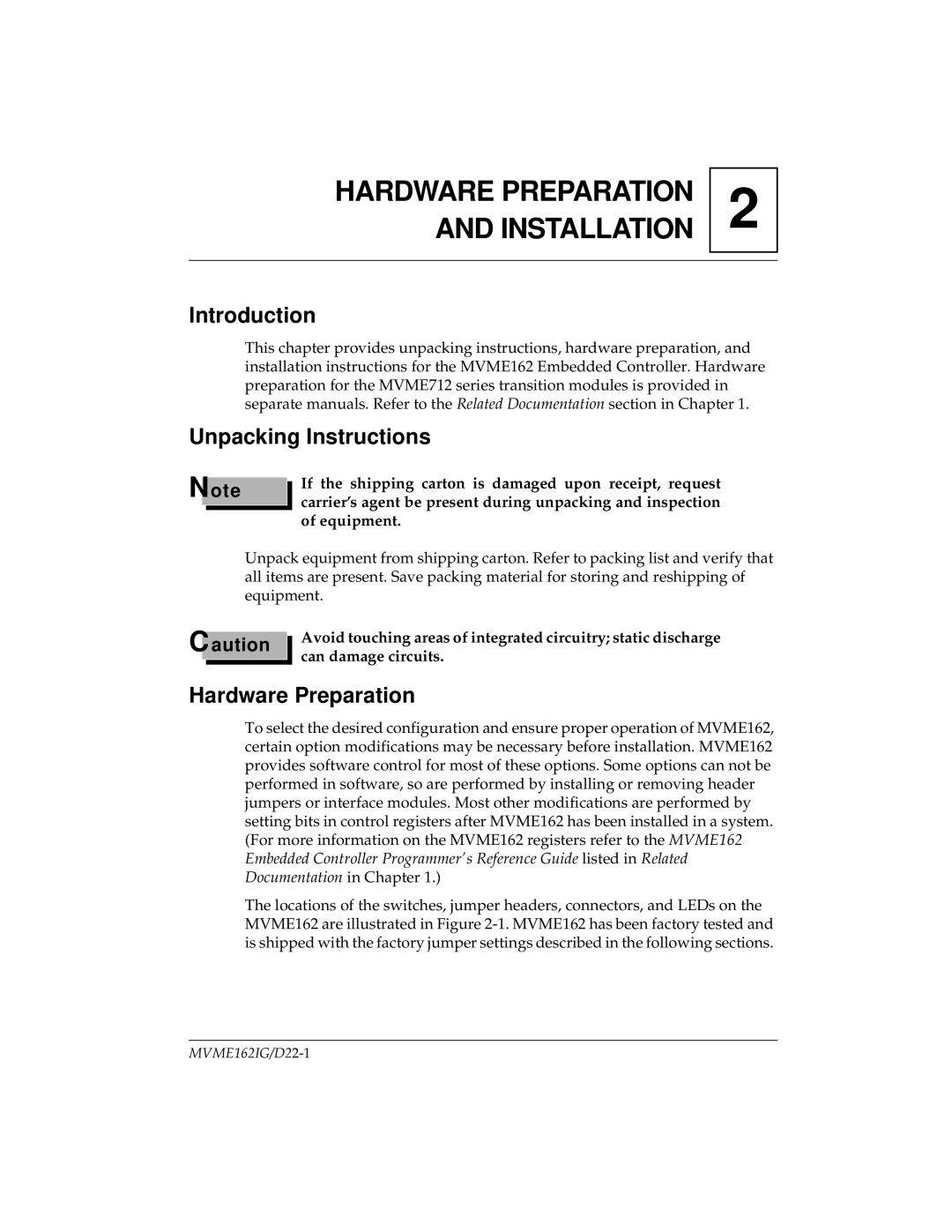 Motorola MVME162 manual Unpacking Instructions, Hardware Preparation 