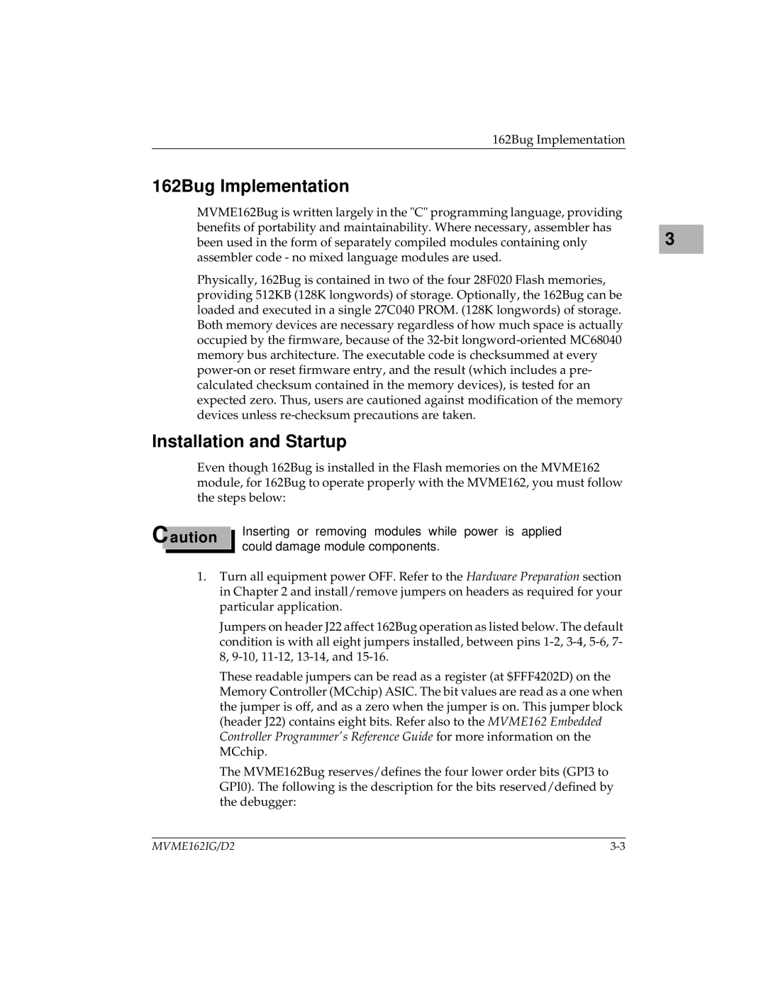 Motorola MVME162 manual 162Bug Implementation, Installation and Startup 