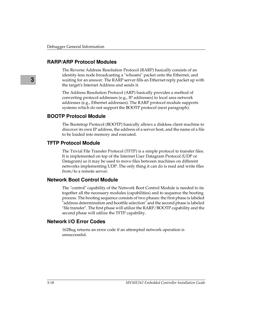 Motorola MVME162 manual RARP/ARP Protocol Modules, Bootp Protocol Module, Tftp Protocol Module, Network Boot Control Module 