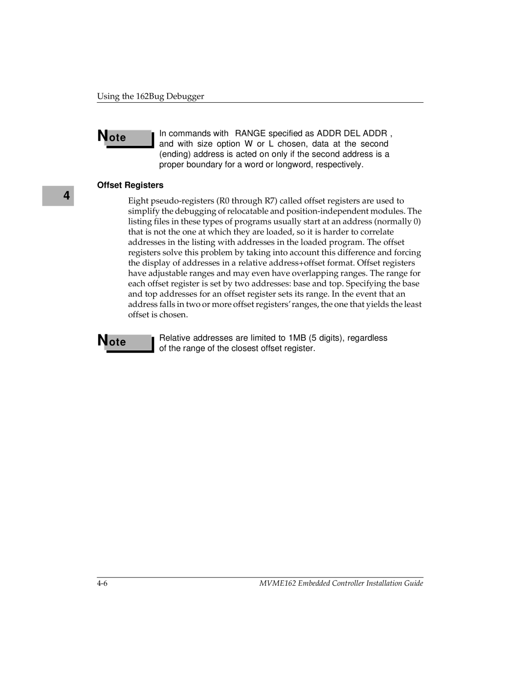 Motorola MVME162 manual Offset Registers, Relative addresses are limited to 1MB 5 digits, regardless 