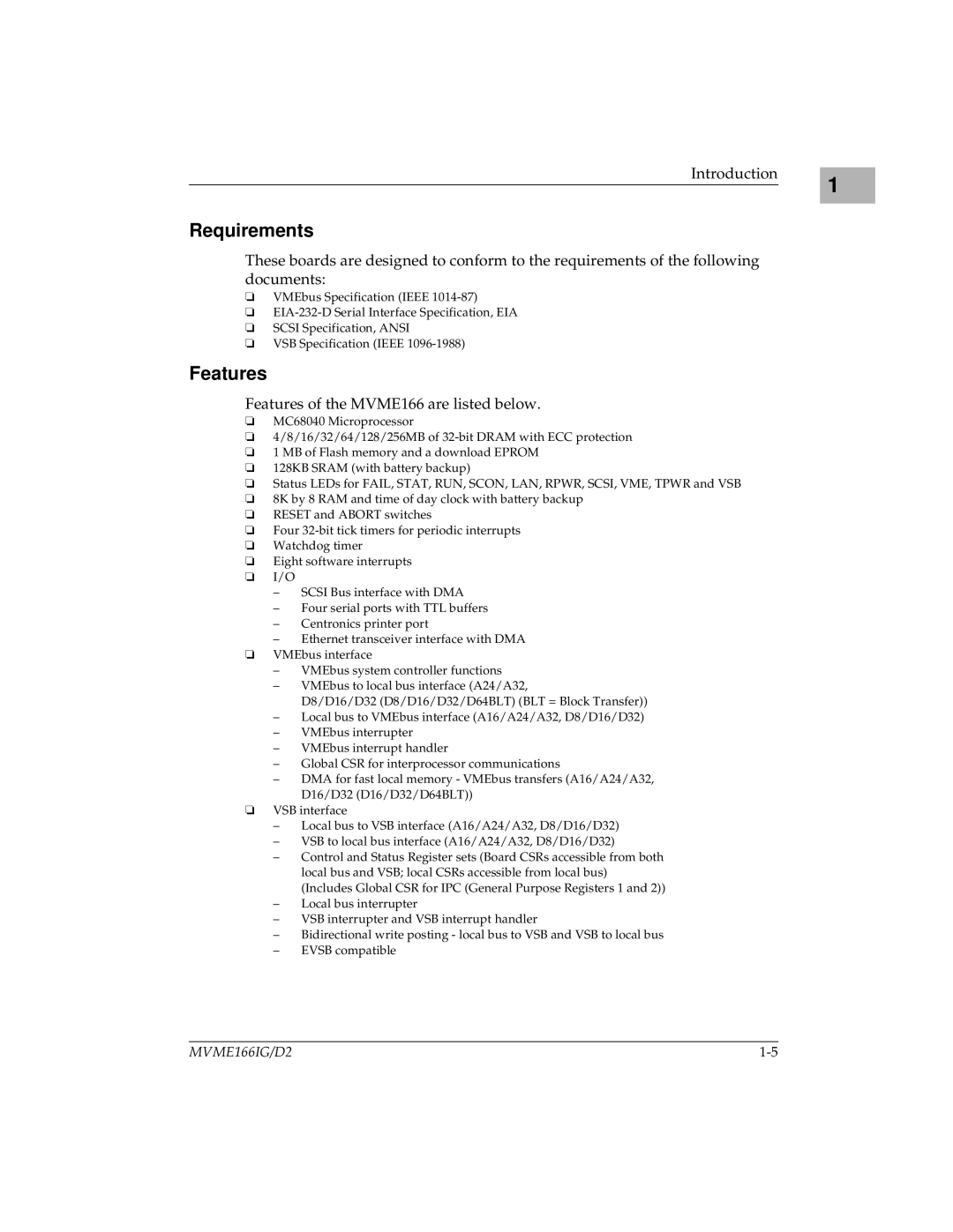 Motorola MVME166D2, MVME166IG/D2 manual Requirements, Features 