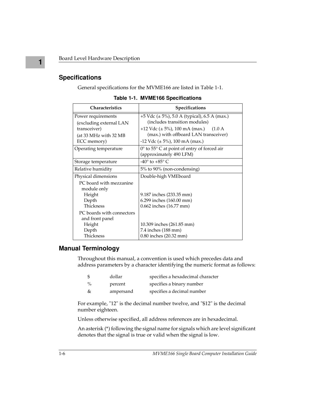 Motorola MVME166IG/D2, MVME166D2 manual Manual Terminology, MVME166 Specifications 