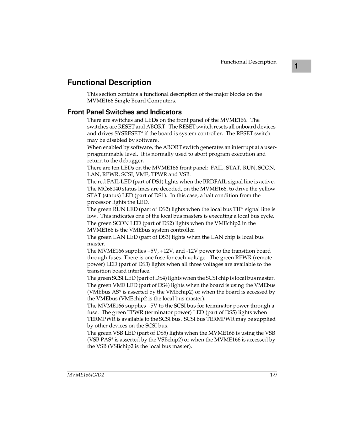 Motorola MVME166IG/D2, MVME166D2 manual Functional Description, Front Panel Switches and Indicators 