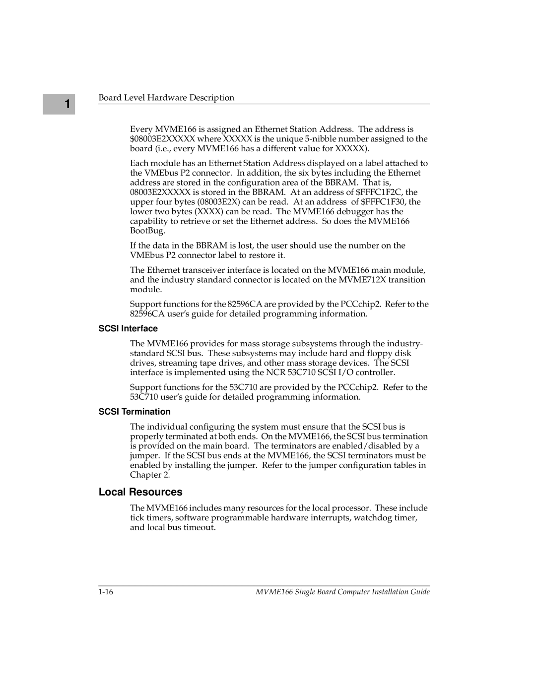 Motorola MVME166IG/D2, MVME166D2 manual Local Resources, Scsi Interface, Scsi Termination 