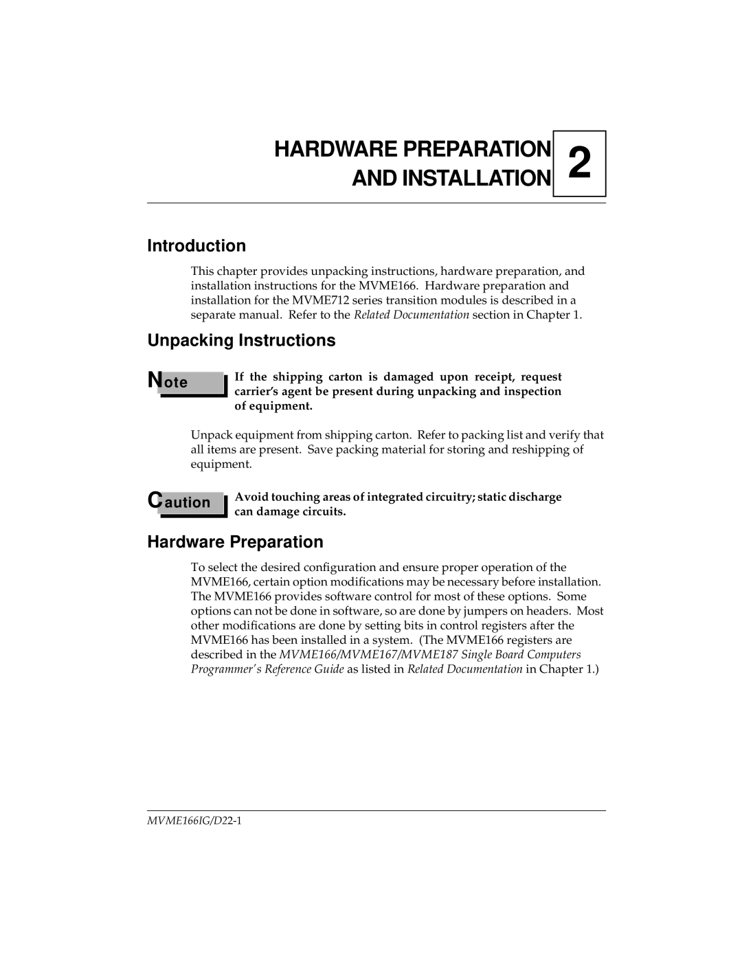 Motorola MVME166D2, MVME166IG/D2 manual Unpacking Instructions, Hardware Preparation 