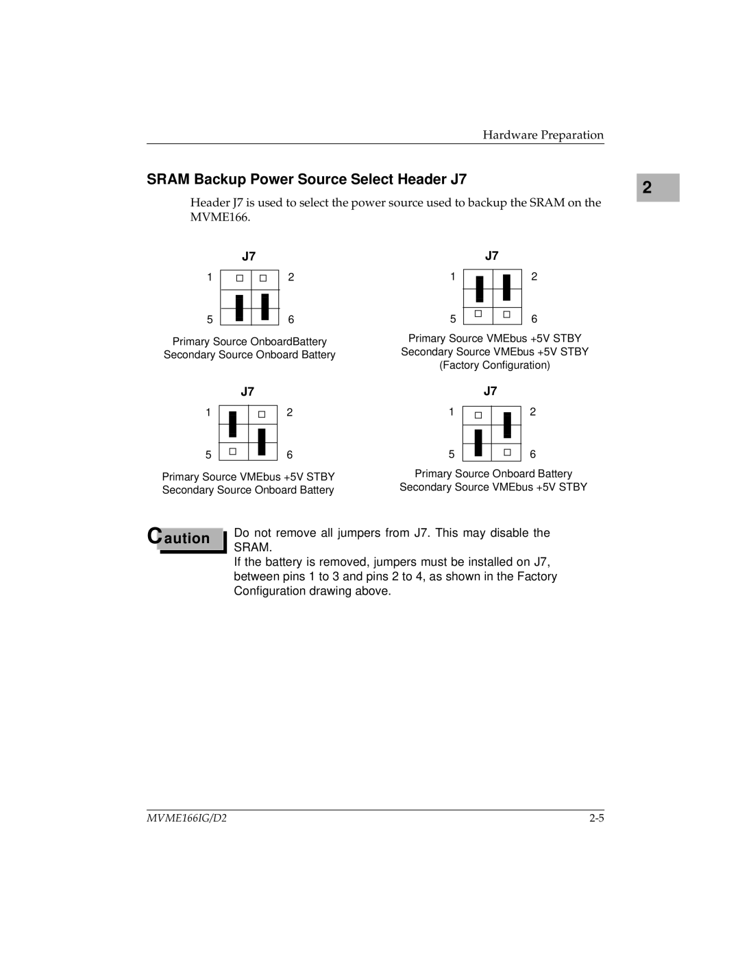 Motorola MVME166IG/D2, MVME166D2 manual Sram Backup Power Source Select Header J7 