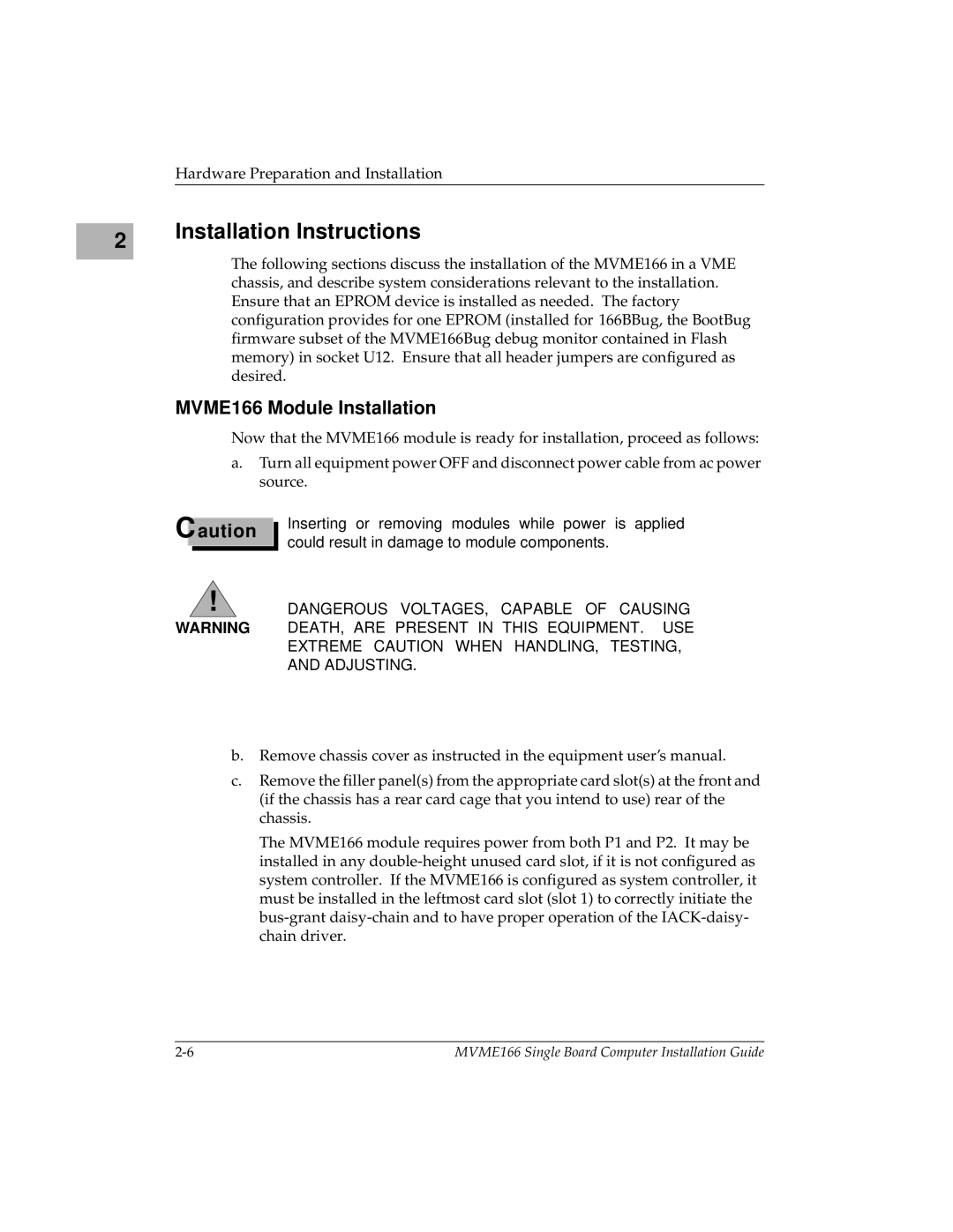 Motorola MVME166IG/D2, MVME166D2 manual Installation Instructions, MVME166 Module Installation 