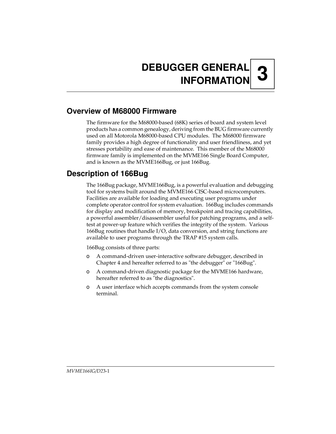 Motorola MVME166IG/D2, MVME166D2 manual Overview of M68000 Firmware, Description of 166Bug 