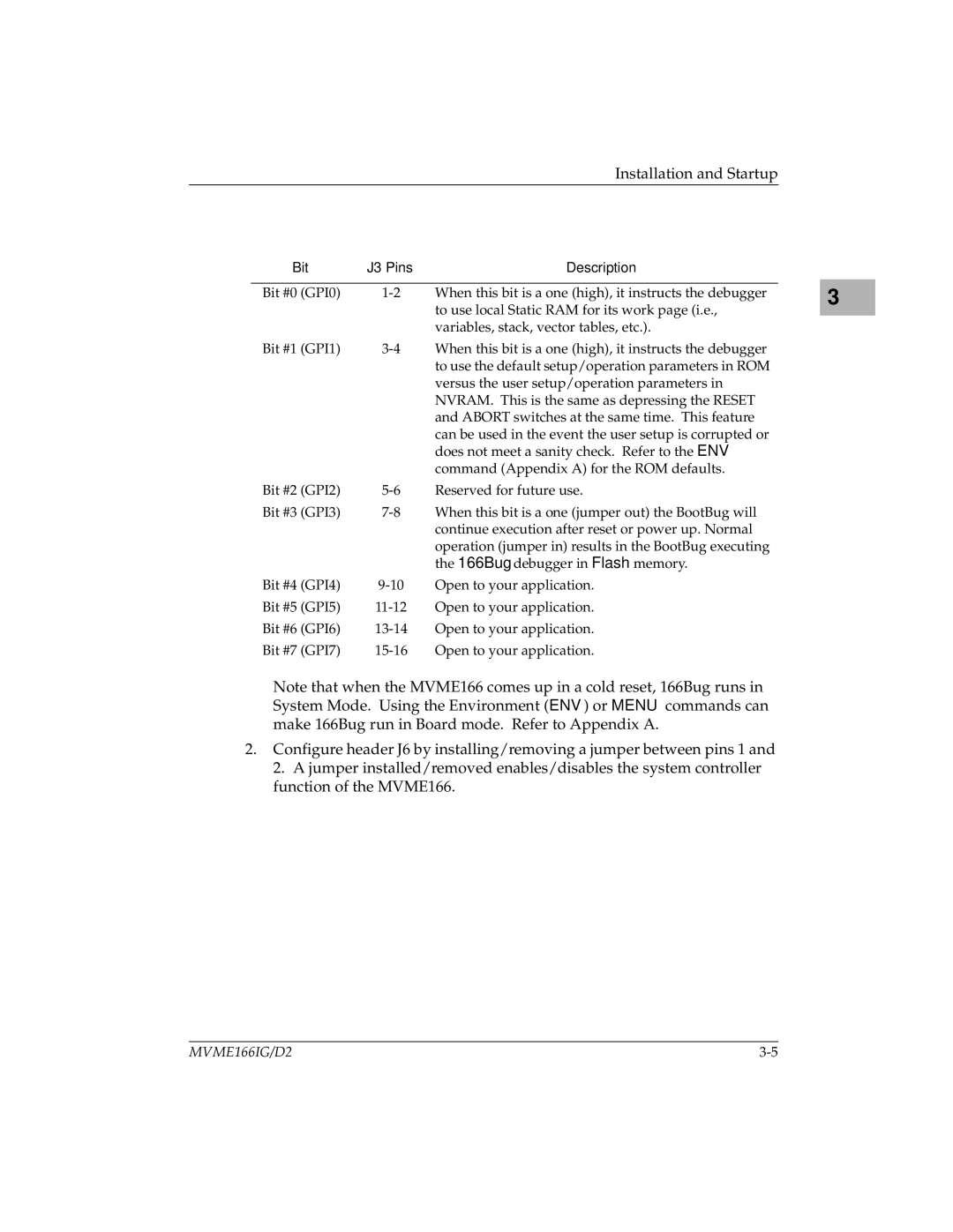 Motorola MVME166IG/D2, MVME166D2 manual Bit J3 Pins Description 