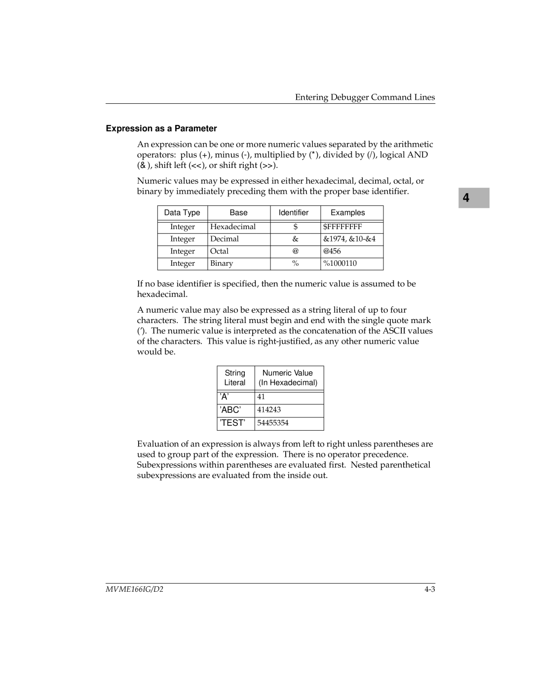 Motorola MVME166D2, MVME166IG/D2 manual Expression as a Parameter, ’Test’ 