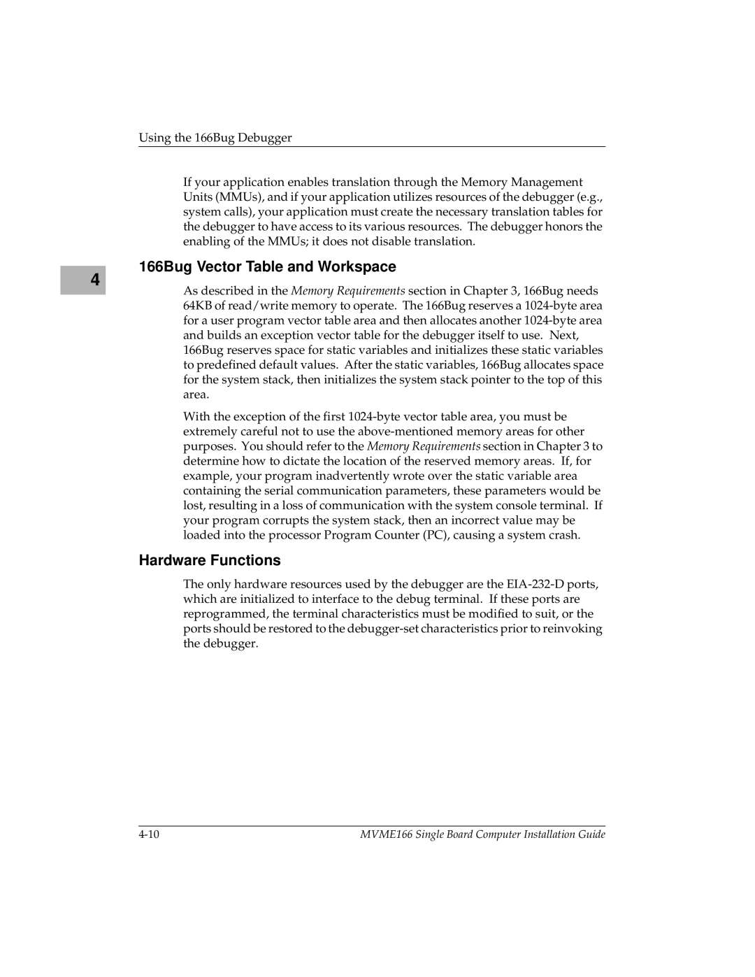 Motorola MVME166IG/D2, MVME166D2 manual 166Bug Vector Table and Workspace, Hardware Functions 