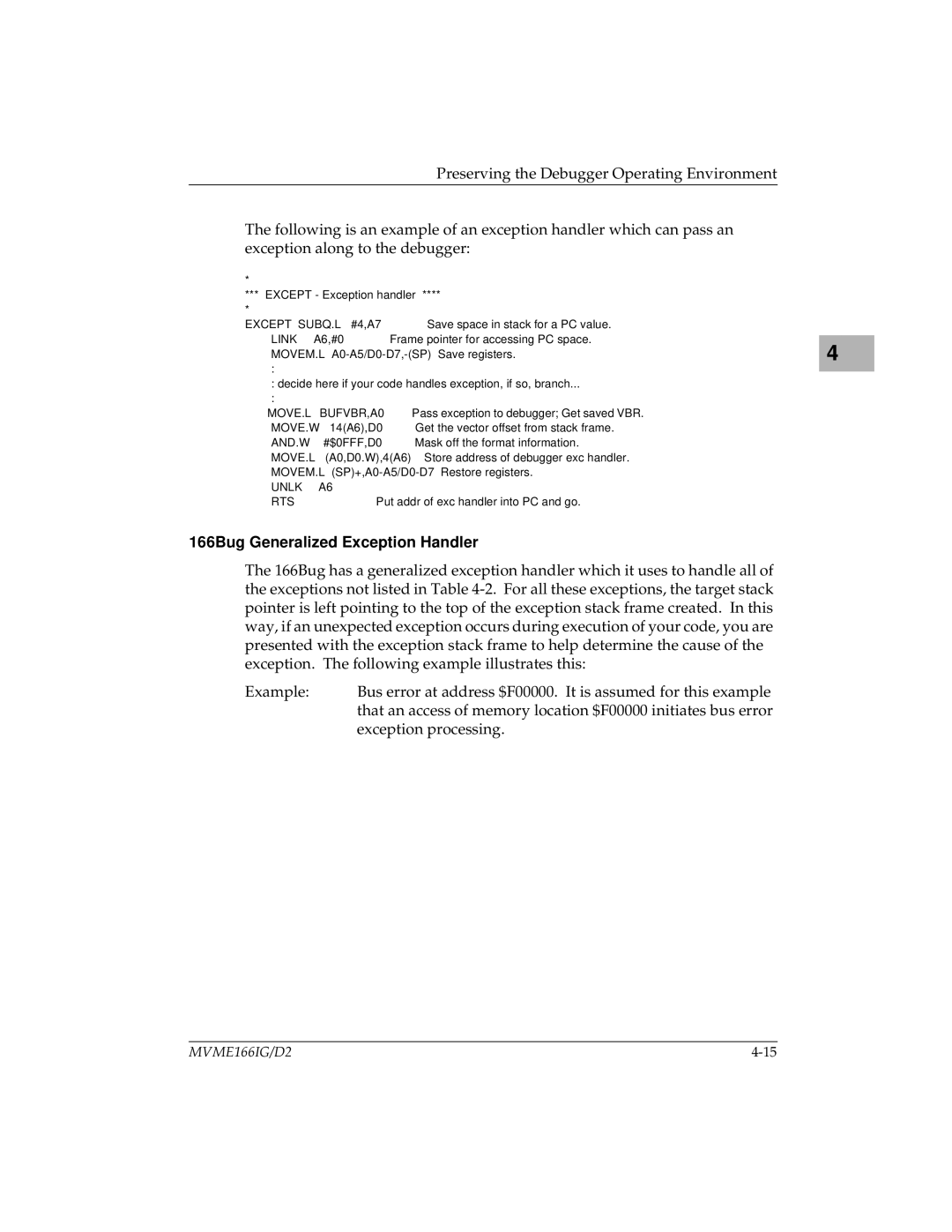 Motorola MVME166D2, MVME166IG/D2 manual 166Bug Generalized Exception Handler 