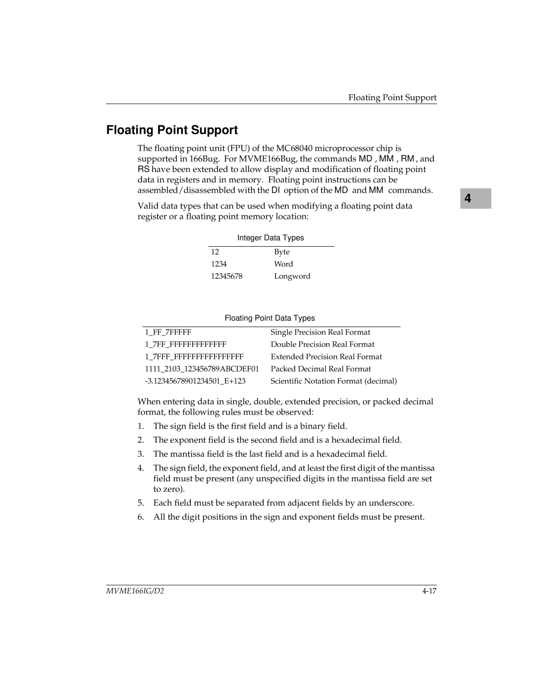 Motorola MVME166IG/D2, MVME166D2 manual Floating Point Support, Floating Point Data Types 